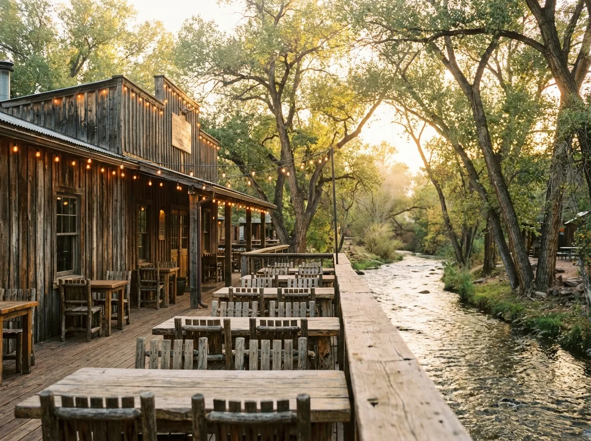 Rustic creek-side patio dining at Up the Creek Bistro in Cornville